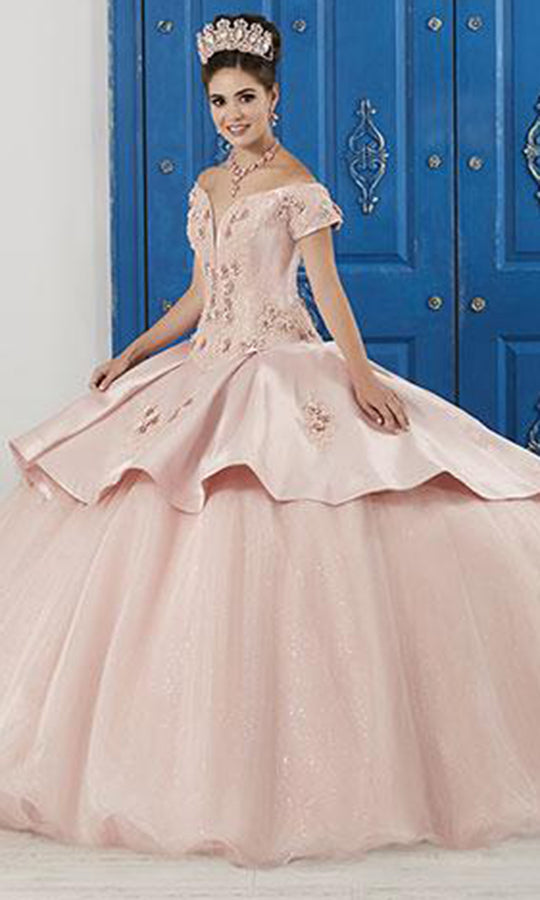 LA Glitter - 24044 Floral Lace Deep Offshoulder Glitter Tulle Ballgown