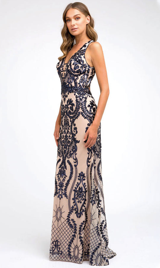 Juliet Dresses 243 - Sequin Embroidered Plunging V-Neck Gown