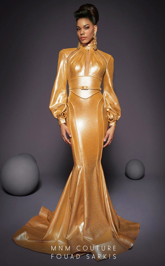 MNM Couture 2474 - High Neck Cut Out Metallic Evening Dress