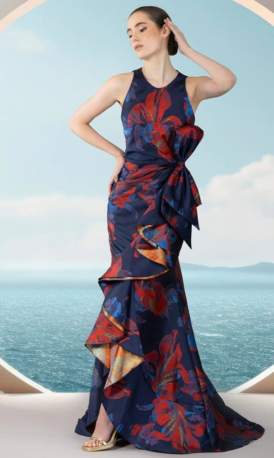 Janique 2502 - Ruffled Floral Scoop Mermaid Evening Gown