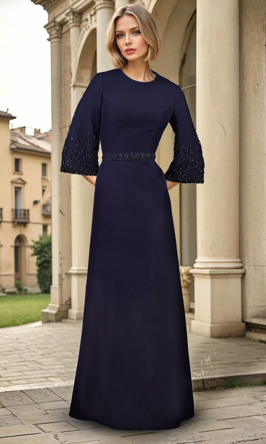 Janique 2510 - Beaded Bell Sleeve Formal Gown
