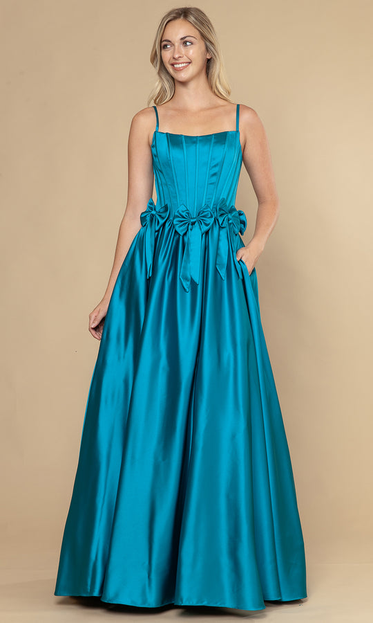 Poly USA 25116 - Square Neck Satin Dress with Bow Accent