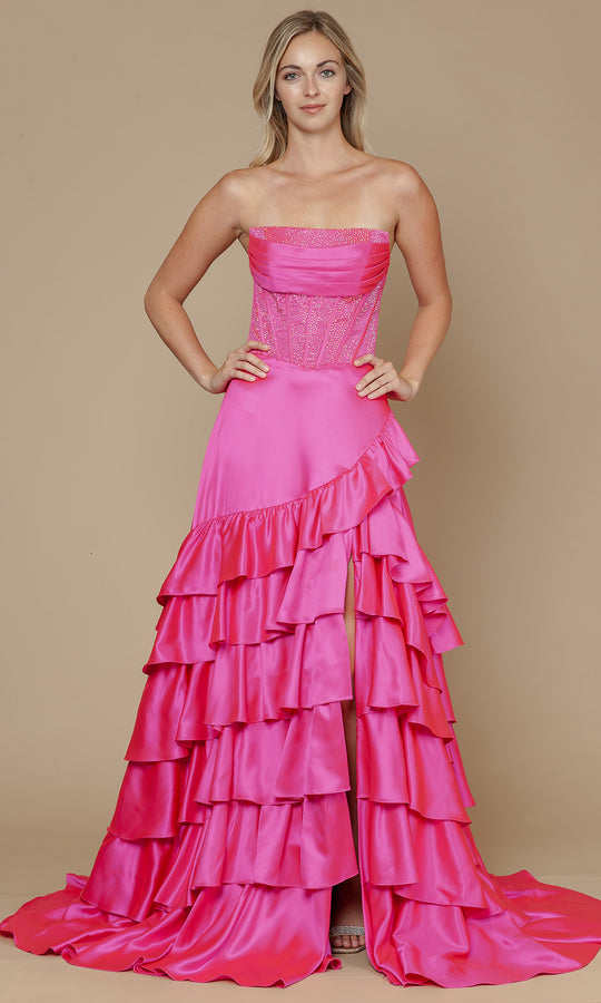 Poly USA 25162 - Straight Neckline Tiered A-Line Dress with Slit