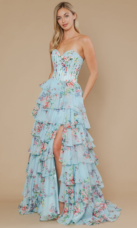 Poly USA 25178 - Floral Print Ruffle A-Line Prom Gown