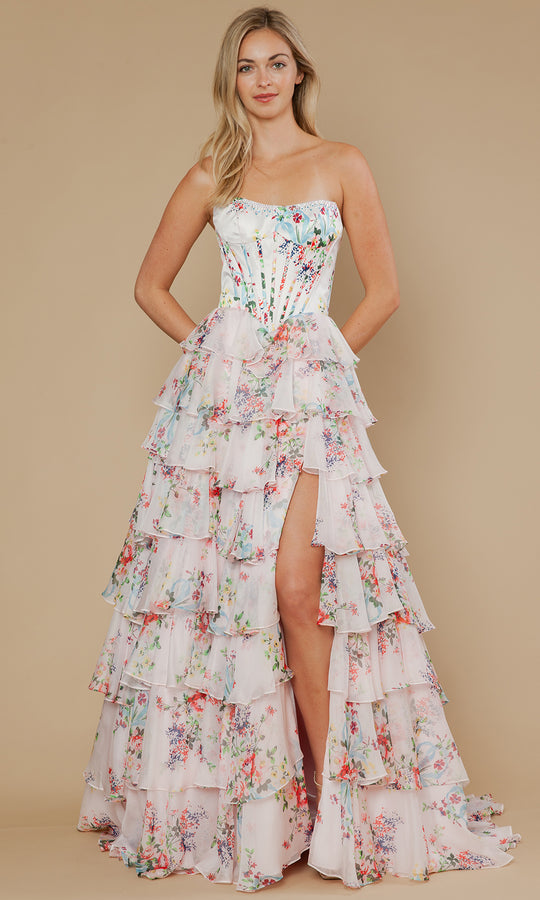 Poly USA 25180 - Strapless Long A-Line Gown with Floral Print