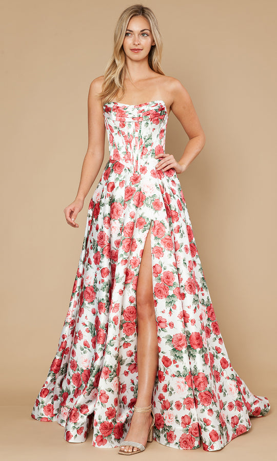 Poly USA 25186 - Strapless Cowl Neck Gown with Floral Print