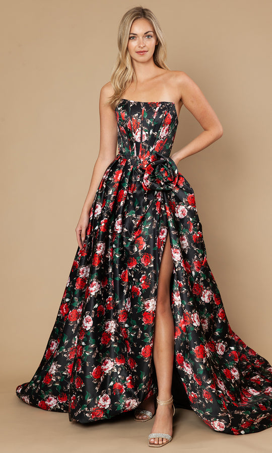 Poly USA 25188 - Floral Print A-Line Satin Prom Gown