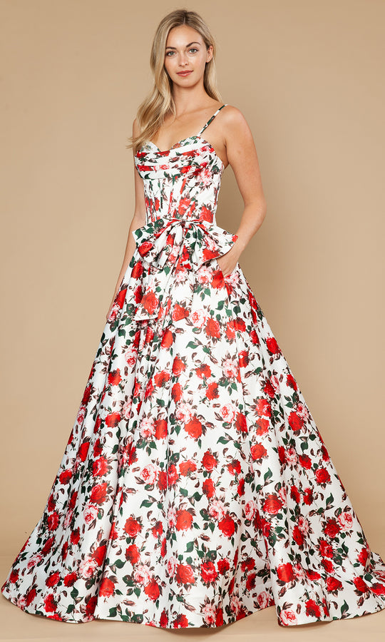 Poly USA 25190 - Floral Satin Spaghetti Strap Prom Gown