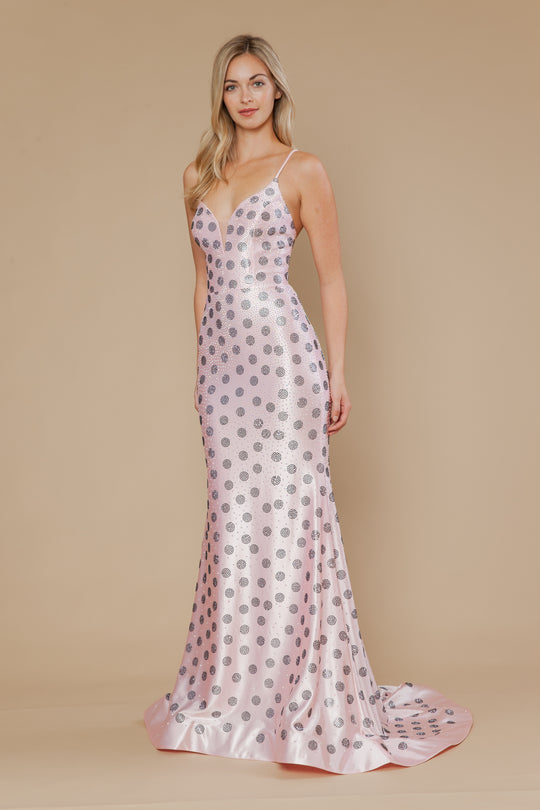 Poly USA 25196 - Beaded Polka Dot Plunge Sheath Gown
