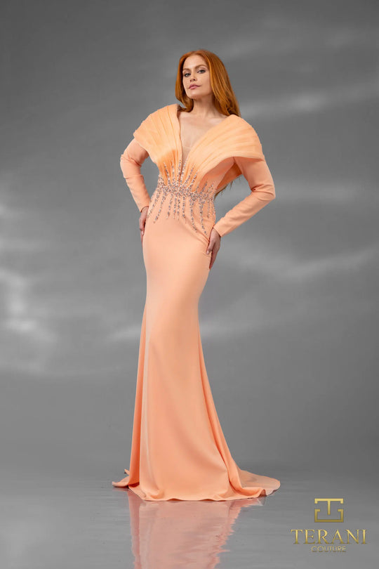 Terani Couture 251E4222 - Long Sleeve Crepe Sheath Evening Dress
