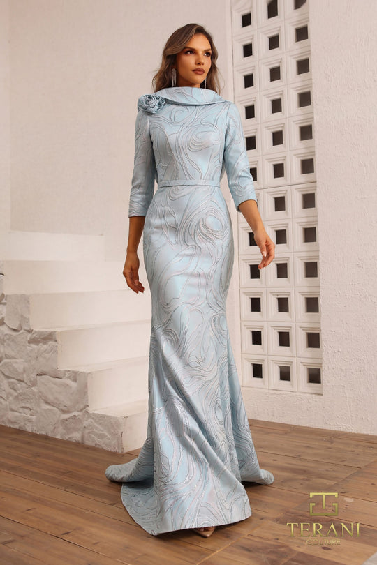 Terani Couture 251M4455 - Quarter Sleeved Jacquard Evening Dress