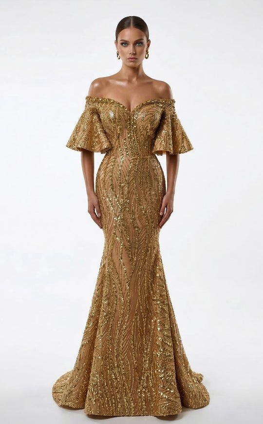 MNM COUTURE 2529A - Wide Flutter Sleeve Sparkling Evening Gown