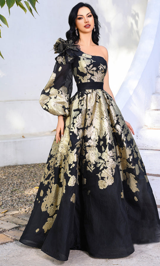 Terani Couture 252E5140 - One Shoulder Metallic Floral Ballgown