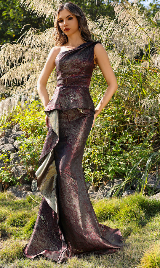 Terani Couture 252E5159 - One Shoulder Jacquard Sheath Gown