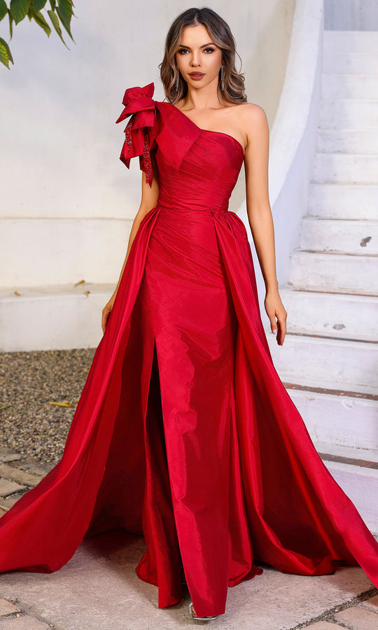 Terani Couture 252E5531 - Bow Shoulder Column Gown with Overskirt