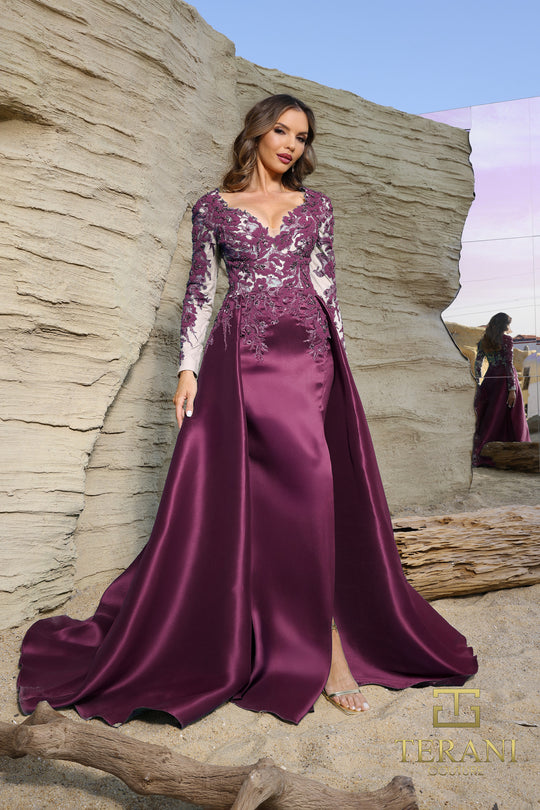 Terani Couture 252M5311 - V-Neck Appliqued Gown with Overskirt