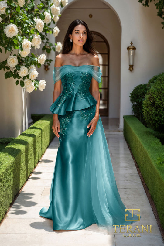 Terani Couture 252M5357 - Off Shoulder Pleated Peplum Gown