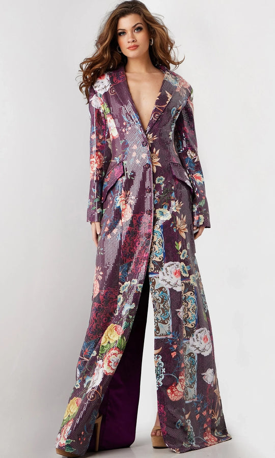 Jovani 26035 - Long Sleeve Coat Dress with Floral Print