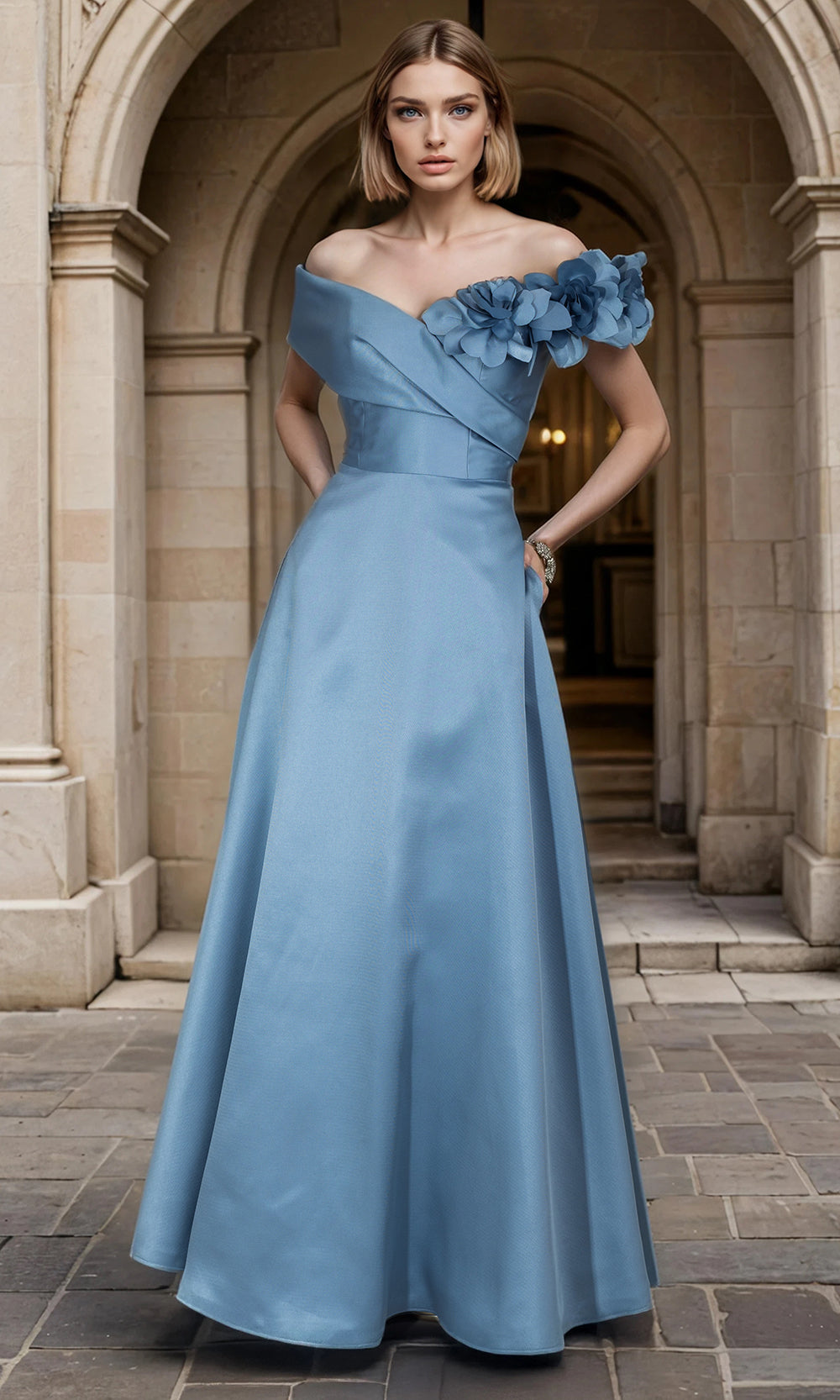 Janique 2606 - Long Pique Mikado A-Line Dress