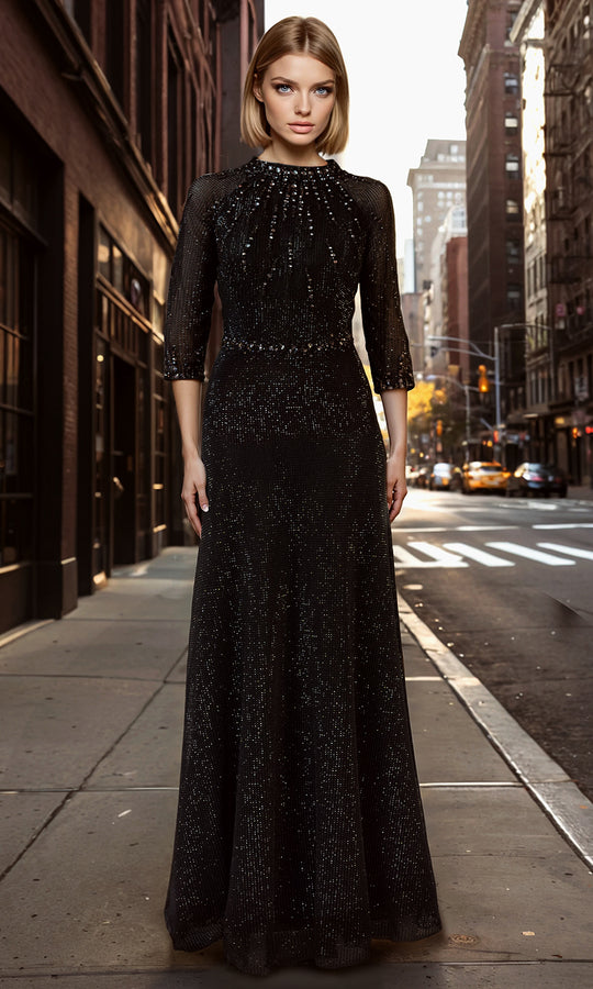 Janique 2610 - Embellished Quarter-Sleeve Mermaid Evening Dress