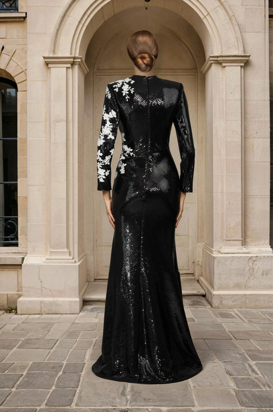 Janique 2614 - Floral Beaded Long Sleeve Mermaid Gown