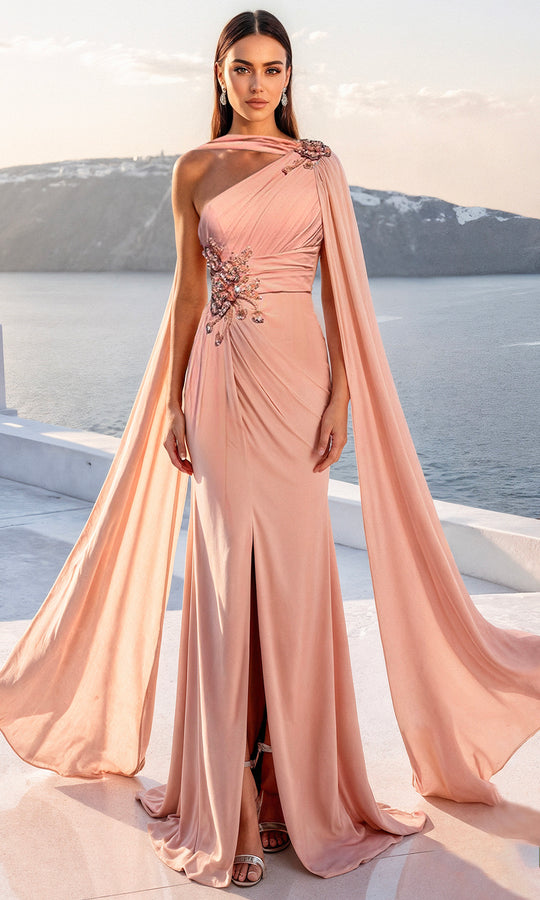 Terani Couture 261E6205 - One Shoulder Chiffon Cape Gown