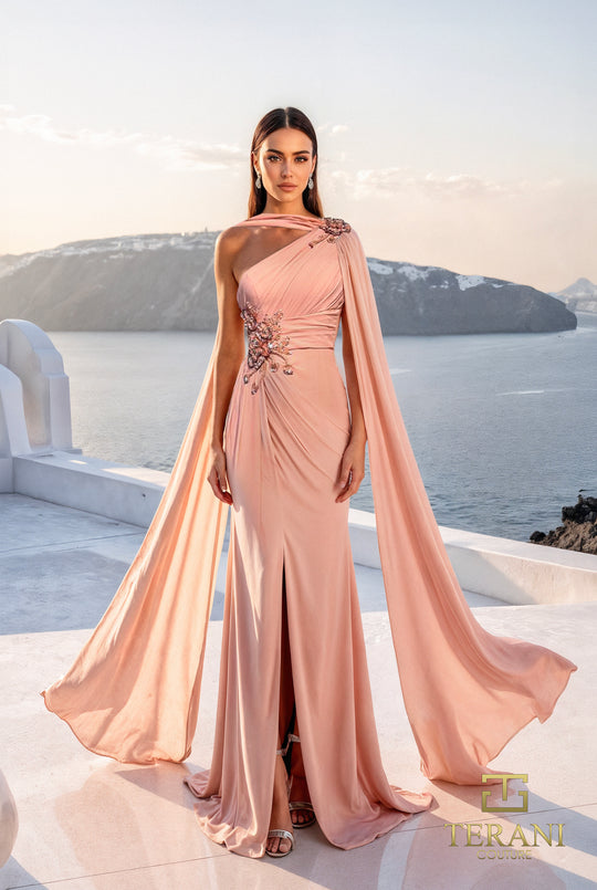 Terani Couture 261E6205 - One Shoulder Chiffon Cape Gown