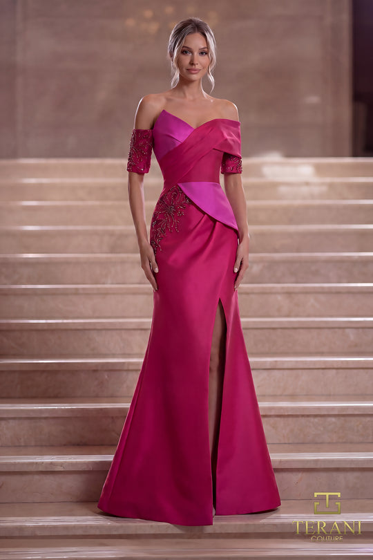 Terani Couture 261E6210 - Short Sleeve Beaded Applique Evening Gown