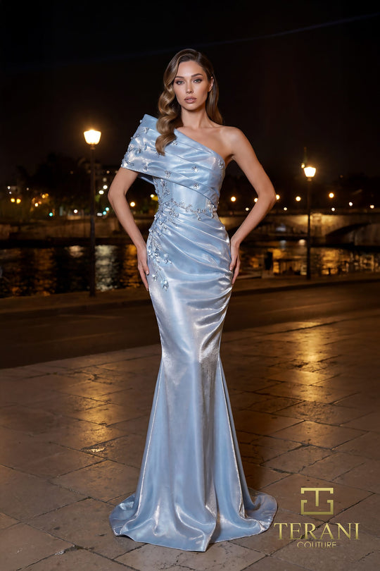 Terani Couture 261E6227 - Asymmetric Neck Shimmer Evening Gown