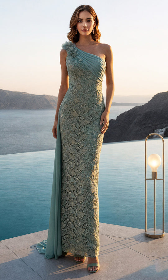 Terani Couture 261E6257 - One Shoulder Lace Gown with Floral Accent