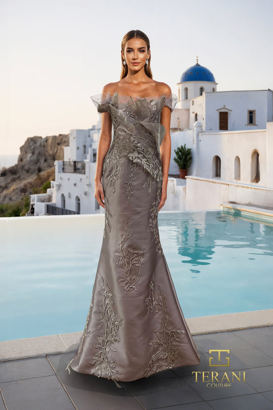Terani Couture 261E6270 - Leaf Embroidered Off Shoulder Gown