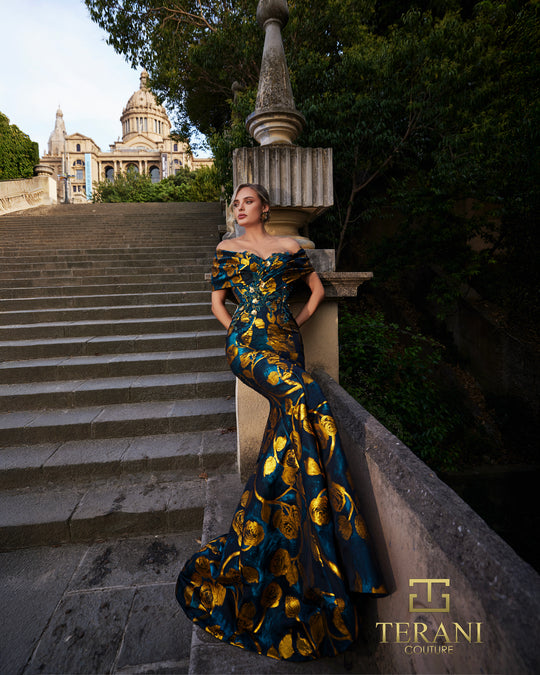 Terani Couture 261E6273 - Off Shoulder Floral Jacquard Evening Gown