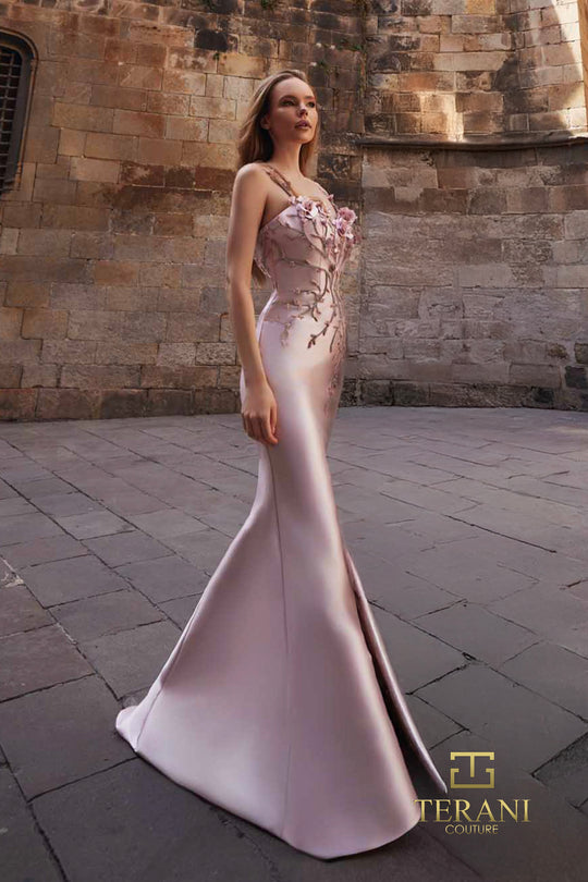 Terani Couture 261E6632 - Spaghetti Strap Embroidered Mikado Dress