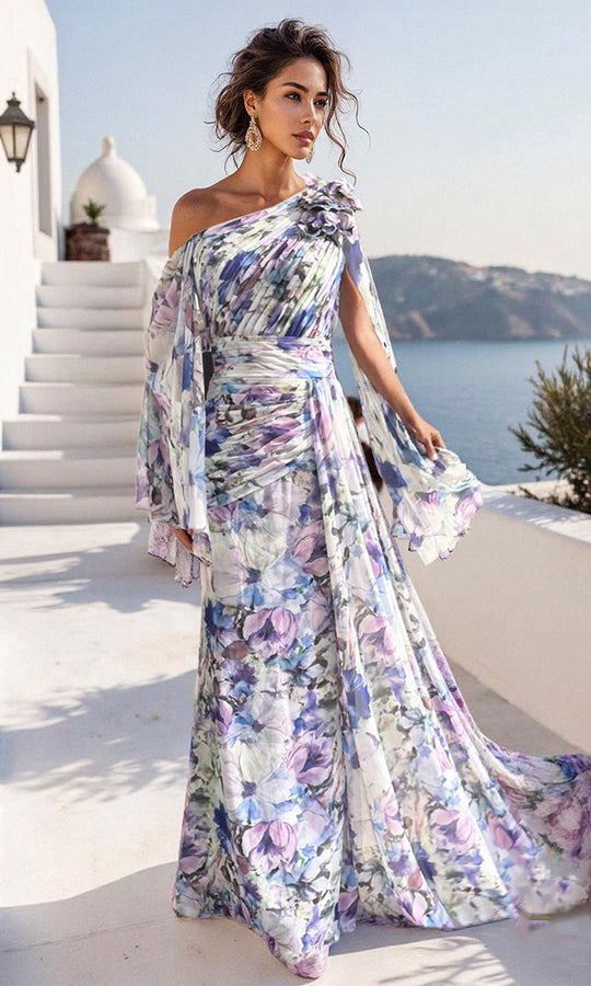 Terani Couture 261E6644 - Floral Print Asymmetric Pleated Dress