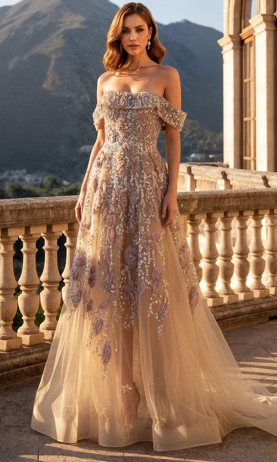 Terani Couture 261M6435 - Beaded Floral Off Shoulder Tulle Gown