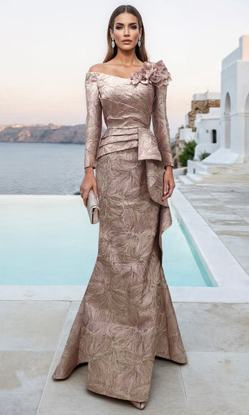 Terani Couture 261M6448 Evening Trumpet Floral Applique Pleated Formal Jacquard Dress