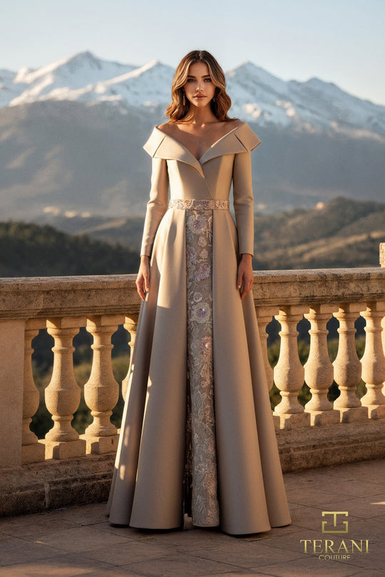 Terani Couture 261M6455 - Off Shoulder Long Sleeve Mikado Gown