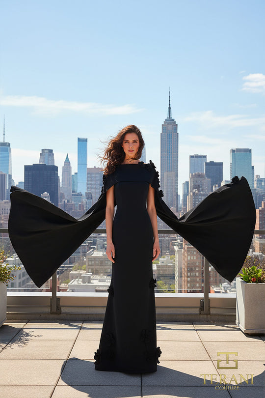 Terani Couture 261M6687 - Bateau Neck Crepe Gown with Cape