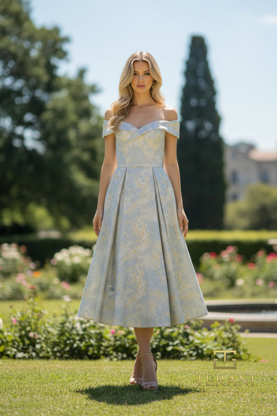 Terani Couture 261C6515 - Off Shoulder Jacquard A-Line Dress