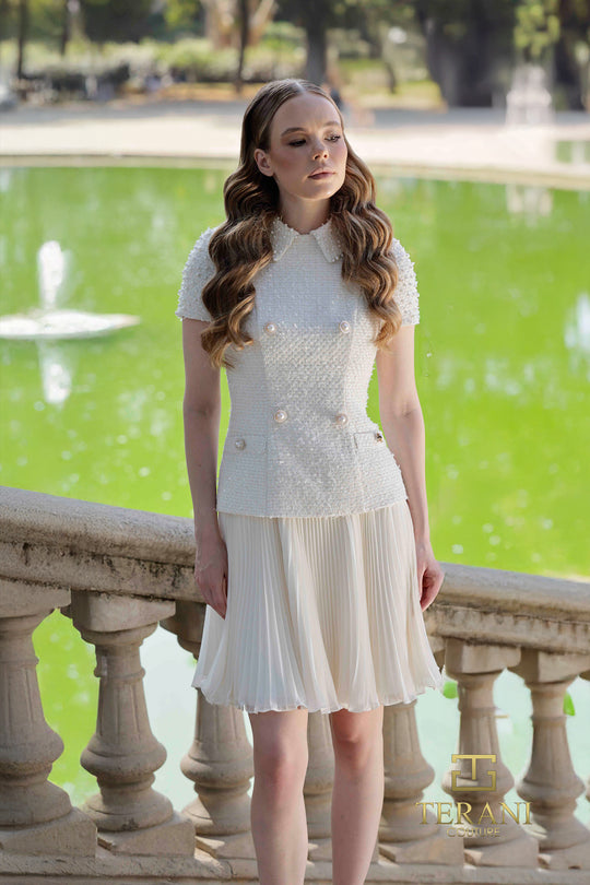 Terani Couture 261C6519 - Collared Short Sleeve Tweed Dress