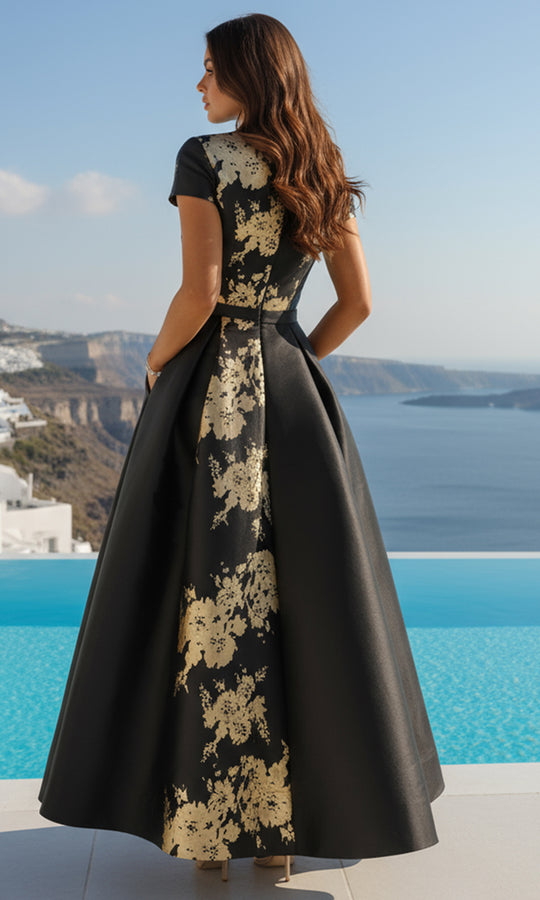 Terani Couture 261E5194 - V-Neck Print Mikado Pantsuit with Overskirt