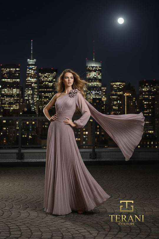 Terani Couture 261E6206 - One Shoulder Pleated Chiffon Cape Dress