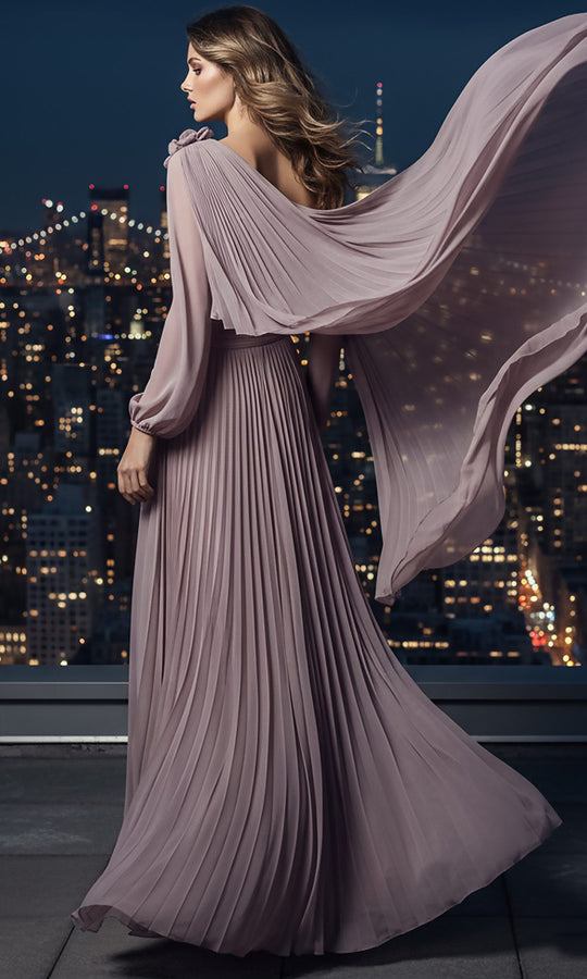 Terani Couture 261E6206 - One Shoulder Pleated Chiffon Cape Dress
