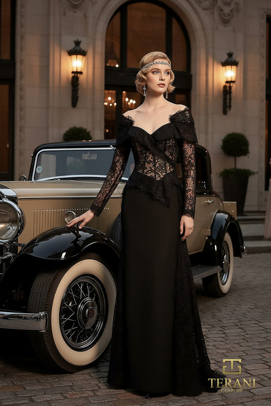 Terani Couture 261E6208 - Dramatic Off Shoulder Lace Evening Gown