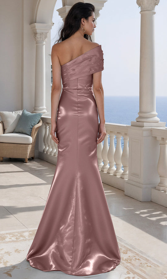 Terani Couture 261E6227 - Asymmetric Neck Shimmer Evening Gown