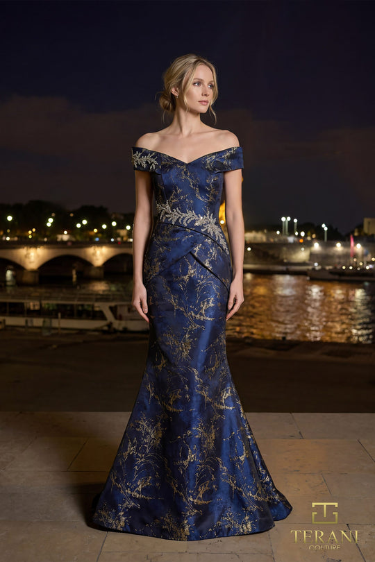 Terani Couture 261E6252 Off Shoulder Jacquard Dress