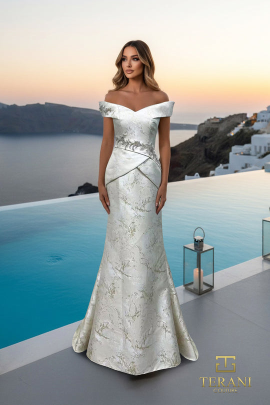 Terani Couture 261E6252 - Off Shoulder Jacquard Gown with Beading
