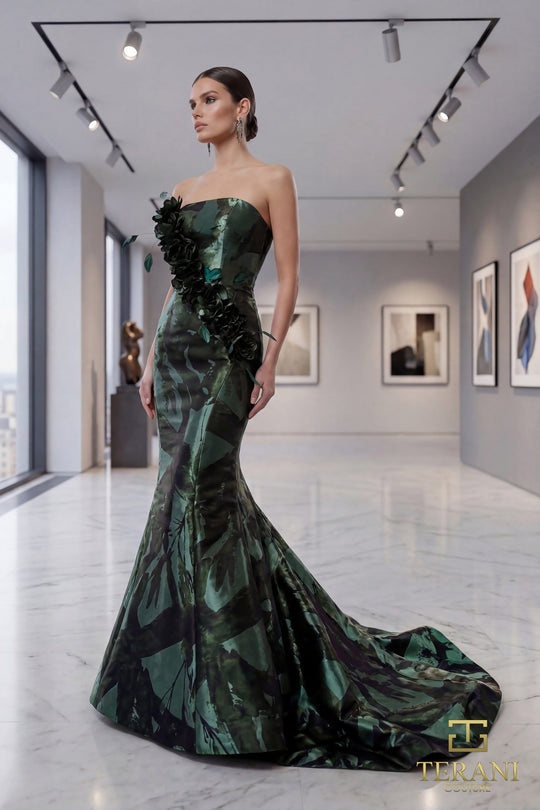 Terani Couture 261E6259 - Straight Neckline Shimmer Jacquard Gown