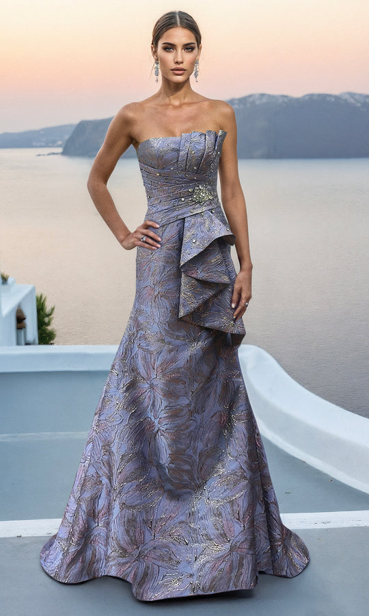 Terani Couture 261E6269 - Pleated Bodice Straight Neck Jacquard Gown