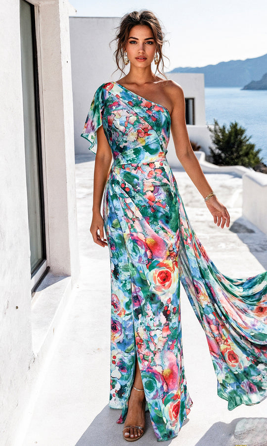 Terani Couture 261E6646 - One Shoulder Multicolor Floral Gown
